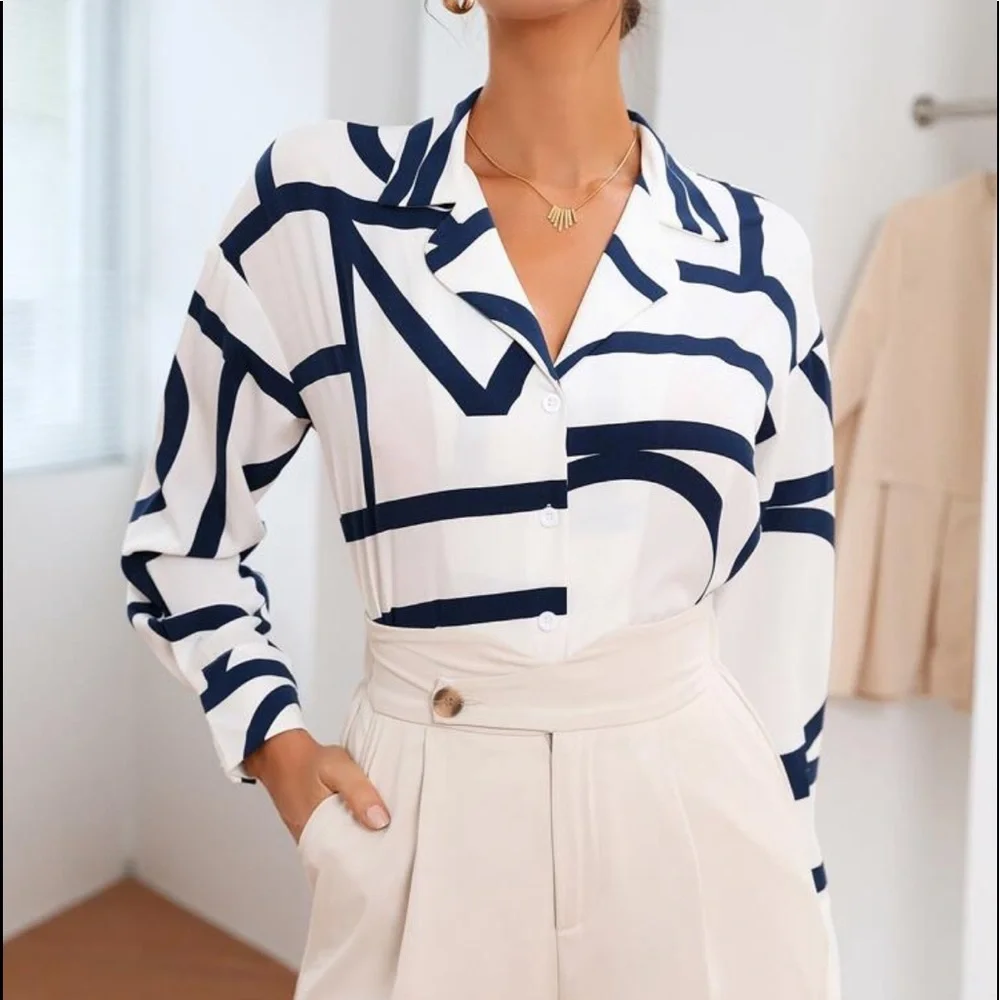Elegant Abstract Geo Loose Relaxed Fit Print Button Down Shirt - Picture 9 of 16